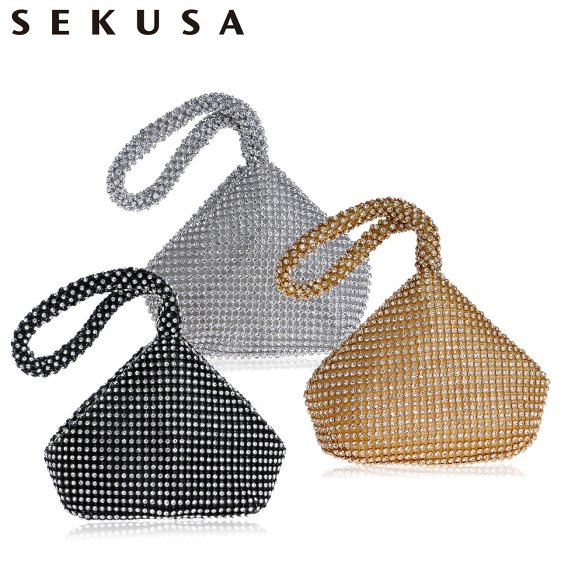 SEKUSA-Bolso de mano de Metal con diamantes de imitación para mujer, bolsa de noche, a la moda, Supermini, para boda